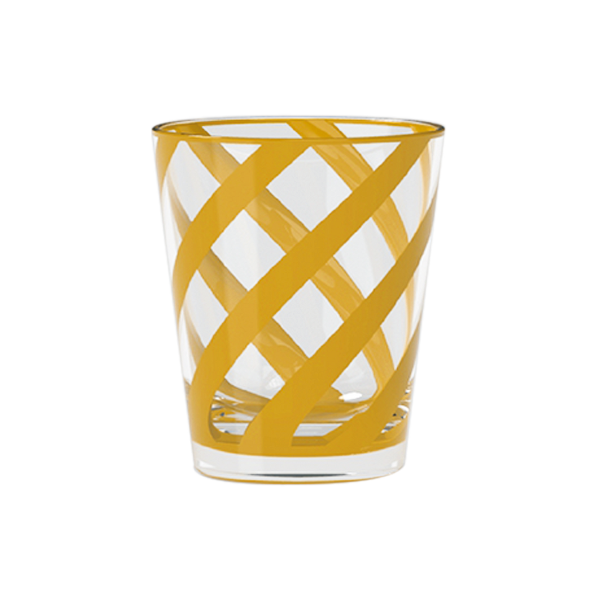 Clear glass tumbler with yellow woven pattern on a white background