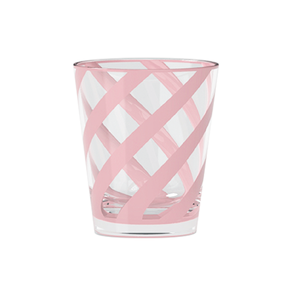 Pink and white patterned glass tumbler on a white background