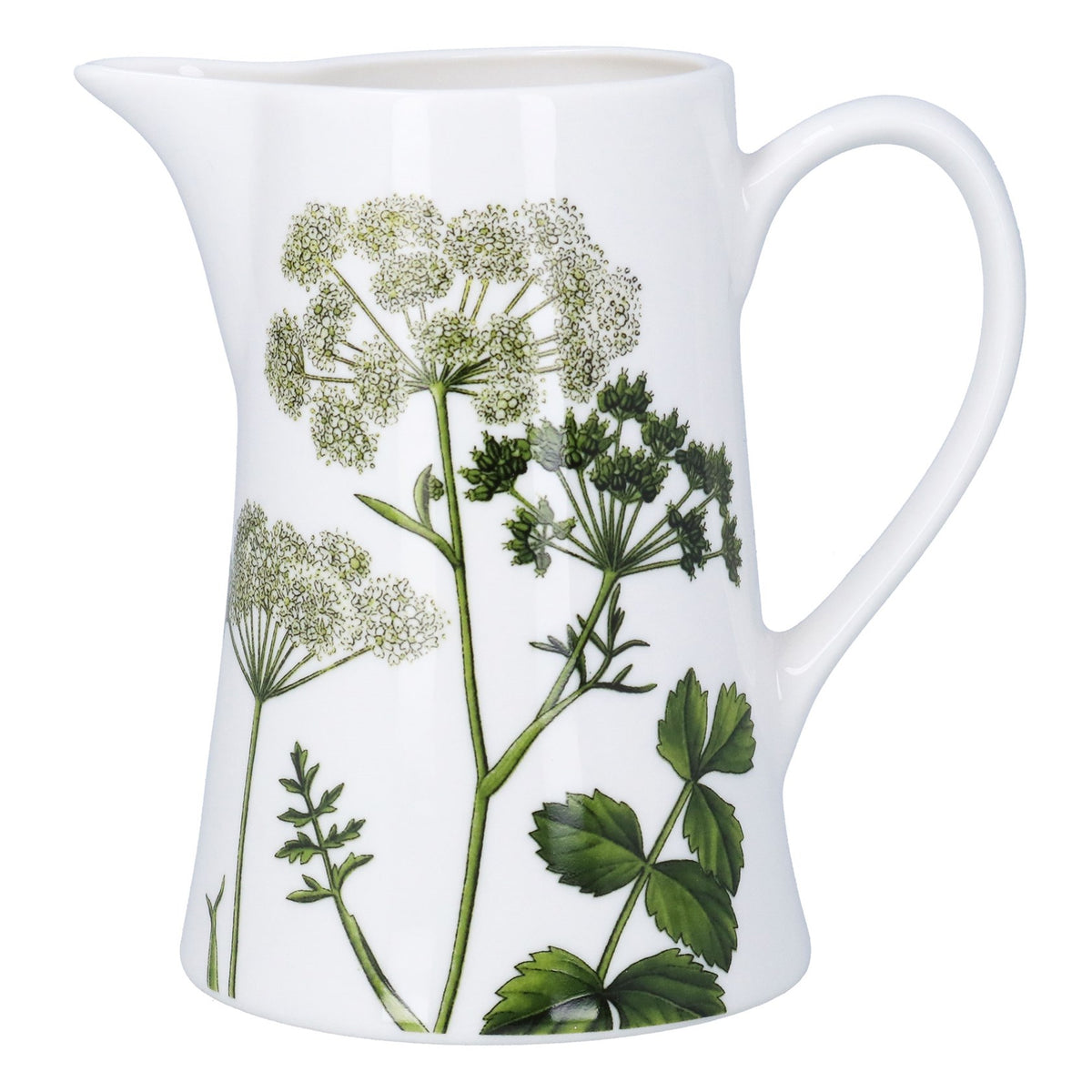 White ceramic pitcher with green botanical design on a white background