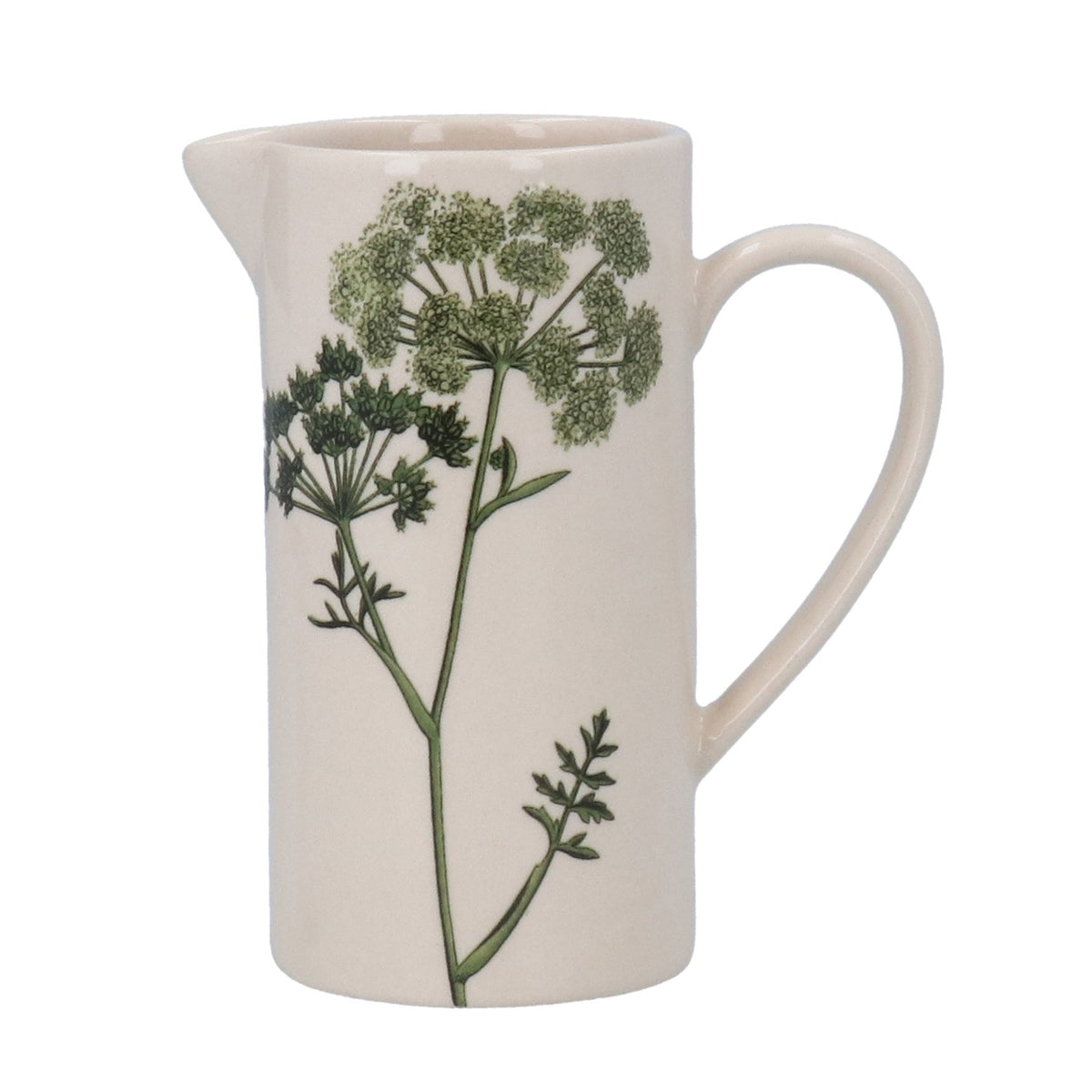 White ceramic pitcher with green floral design on a white background
