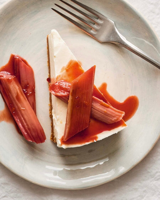 Rhubarb and Ginger Cheesecake with Poached Rhubarb Topping