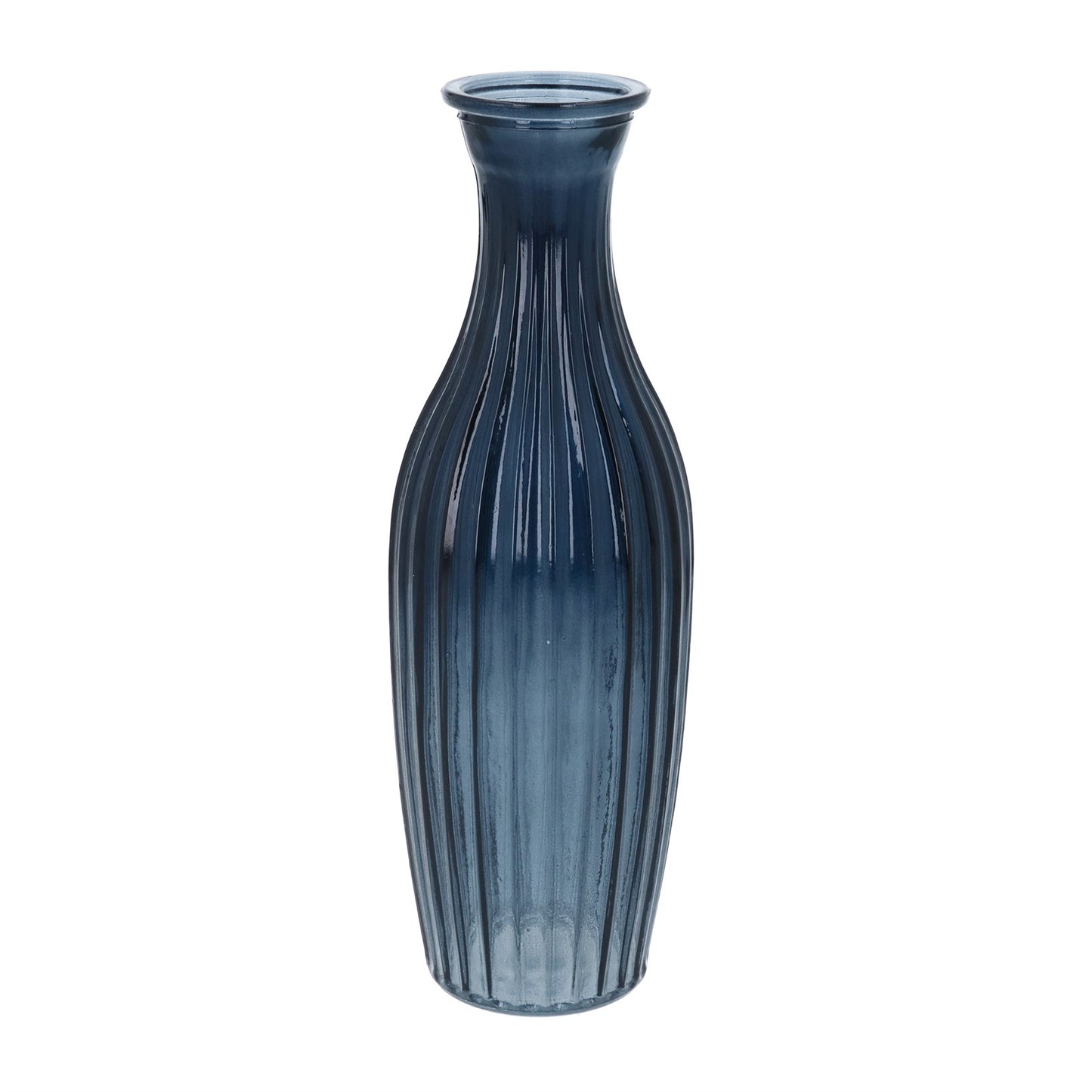 Navy Glass Ribbed Tall Vase