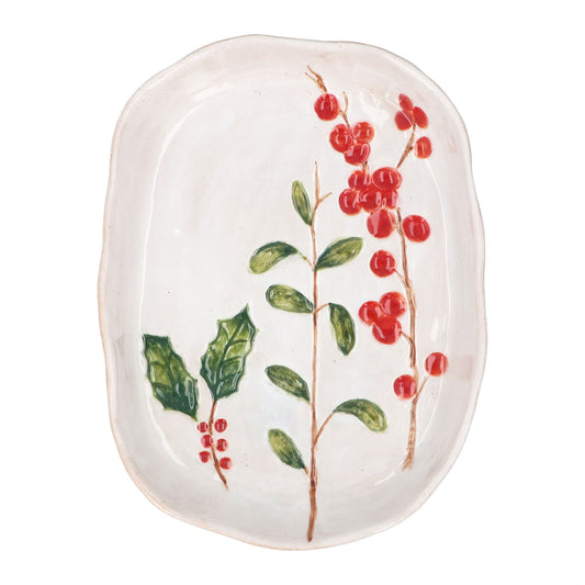 Stoneware Red Berries and Holly Oval Dish 21cm