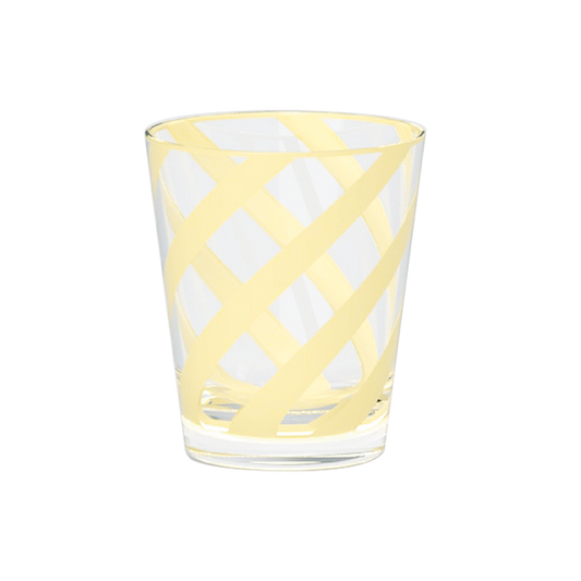 Clear glass with yellow woven pattern on a white background