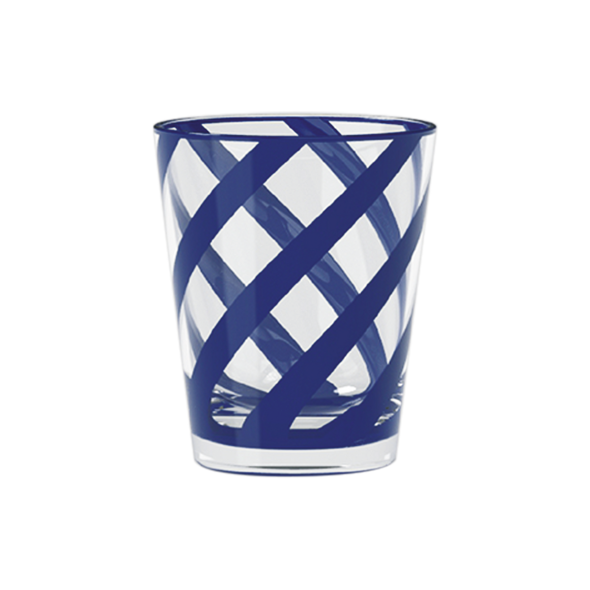 Clear glass tumbler with blue woven pattern on a white background
