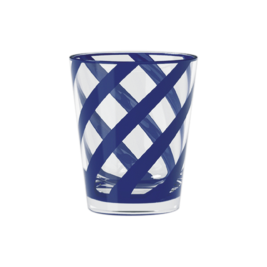 Clear glass tumbler with blue woven pattern on a white background