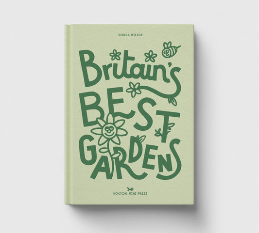 Book titled 'Britain's Best Gardens' with green text on a light green background