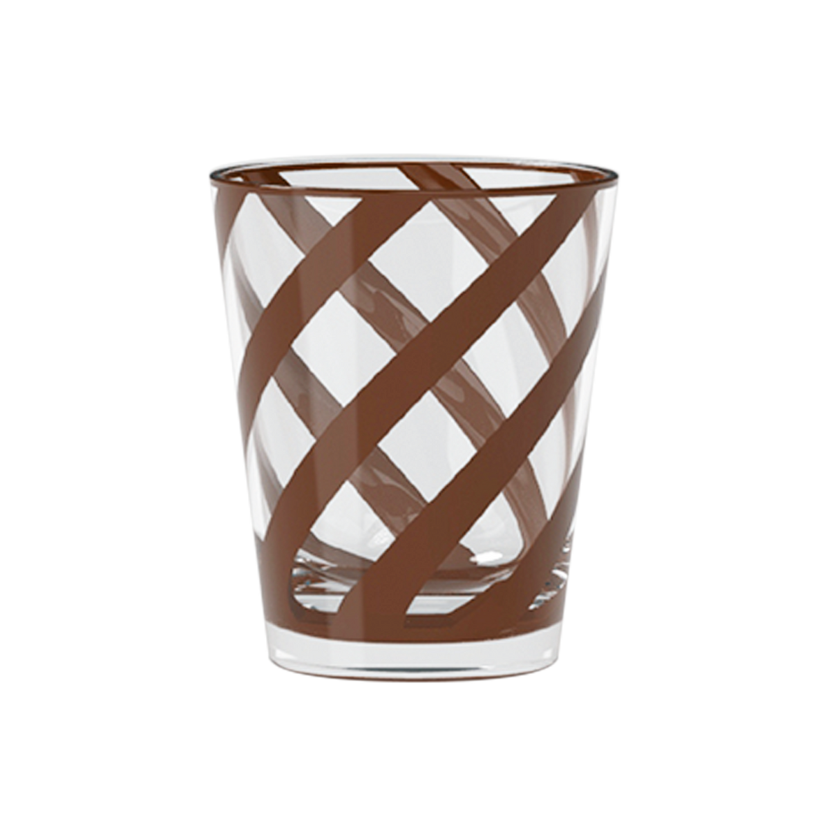 Clear glass tumbler with brown woven design on a white background