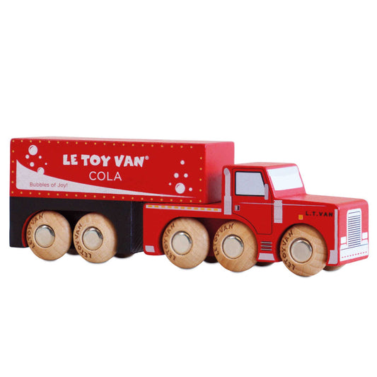 Red toy truck with wooden wheels on a white background, branded 'Le Toy Van'.