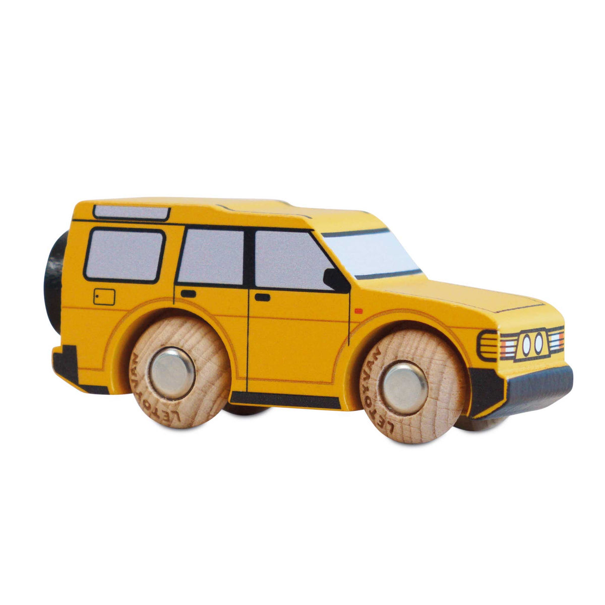 Yellow toy car with black accents on a white background