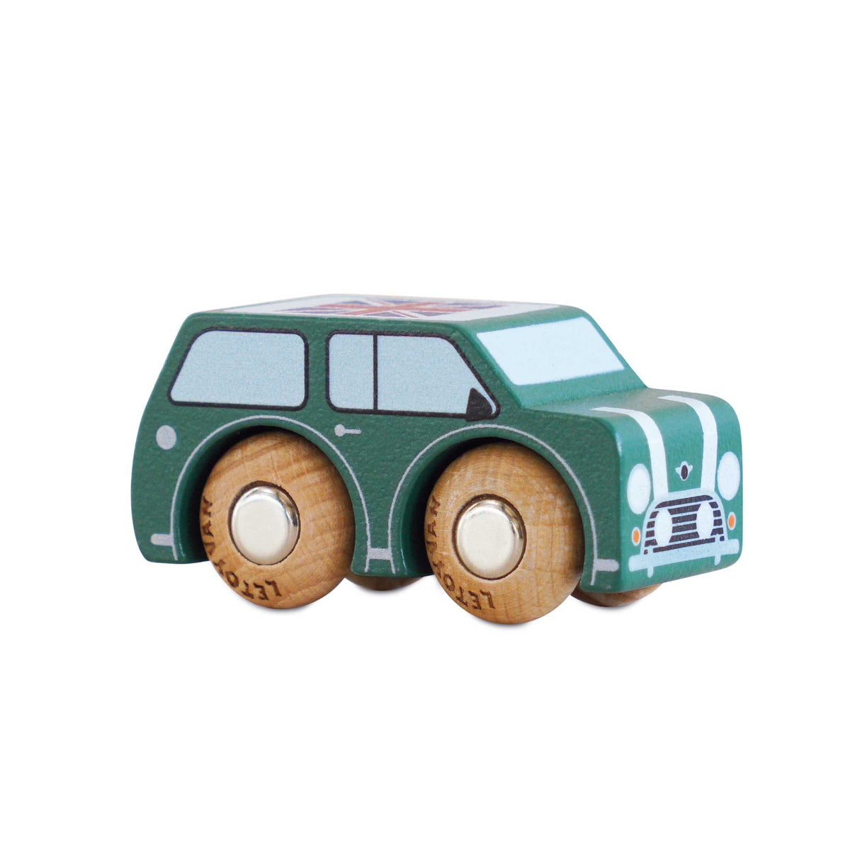 Toy car with a green body and wooden wheels on a white background