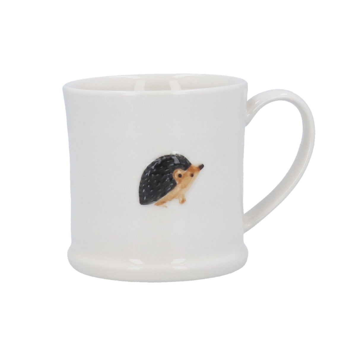 White mug with a hedgehog design on a white background