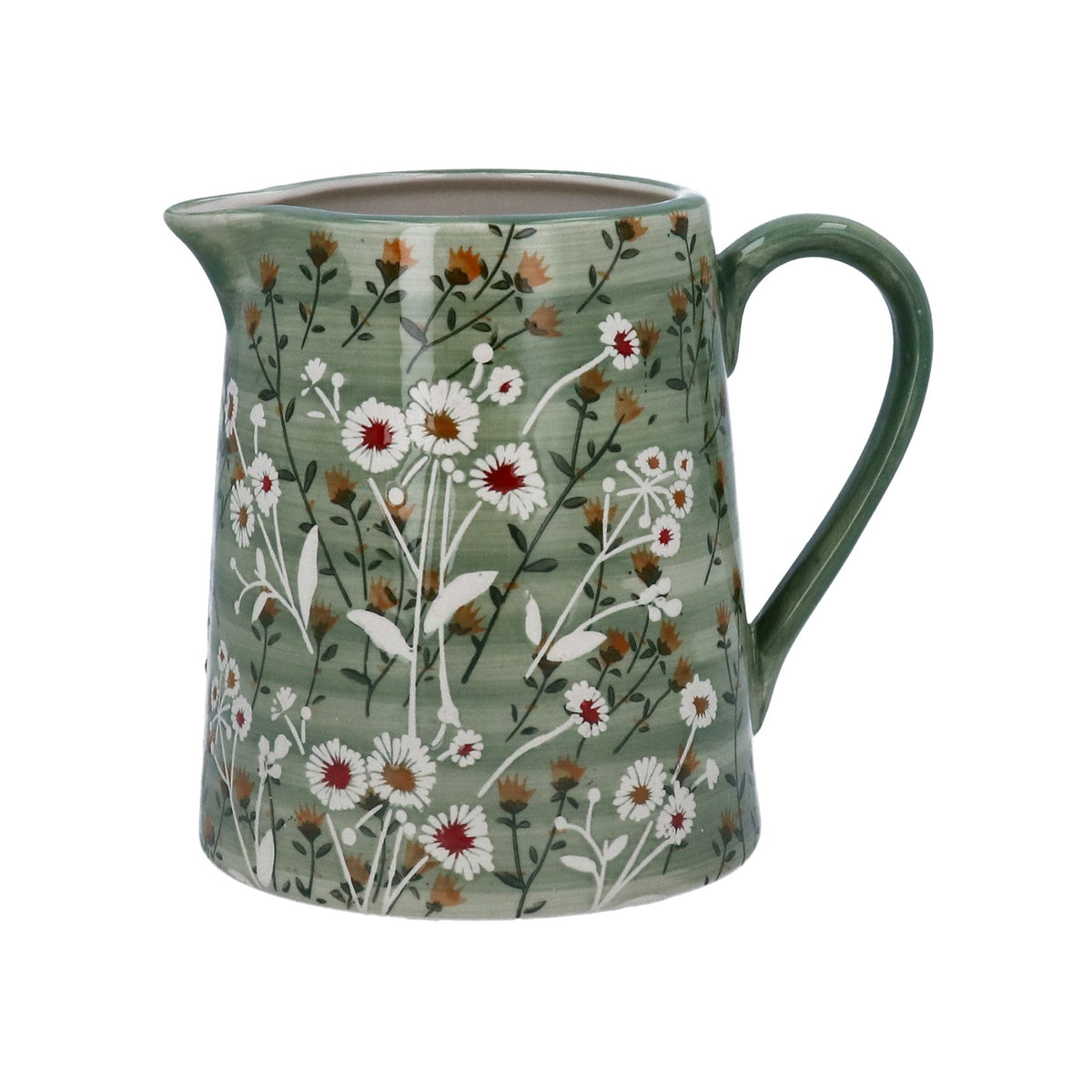 Ceramic pitcher with floral design on a white background