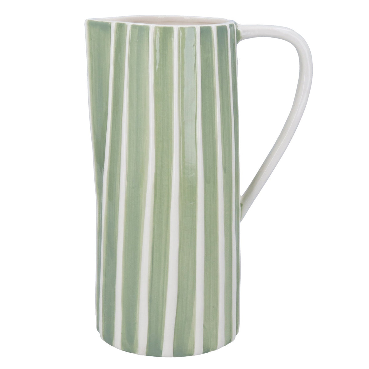 Green and white striped ceramic pitcher on a white background