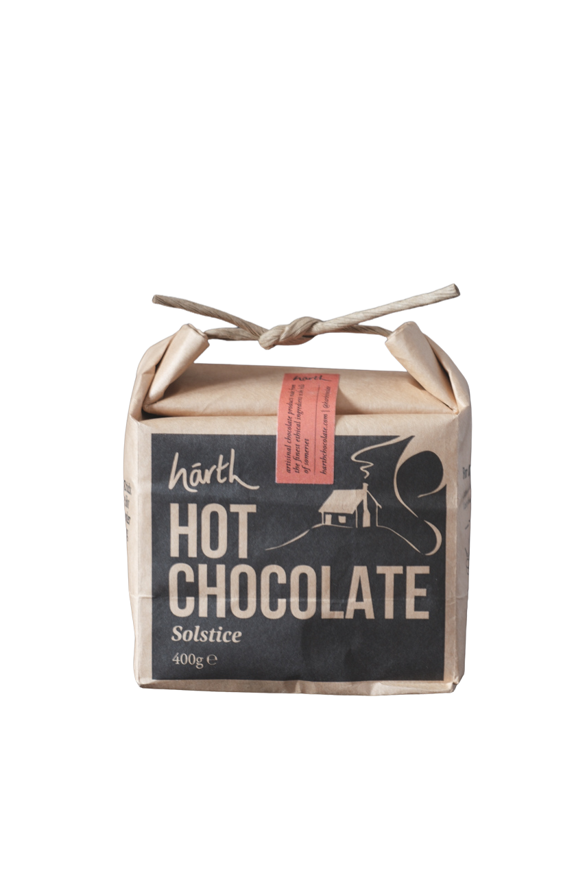 Hot chocolate package with a rustic design on a white background