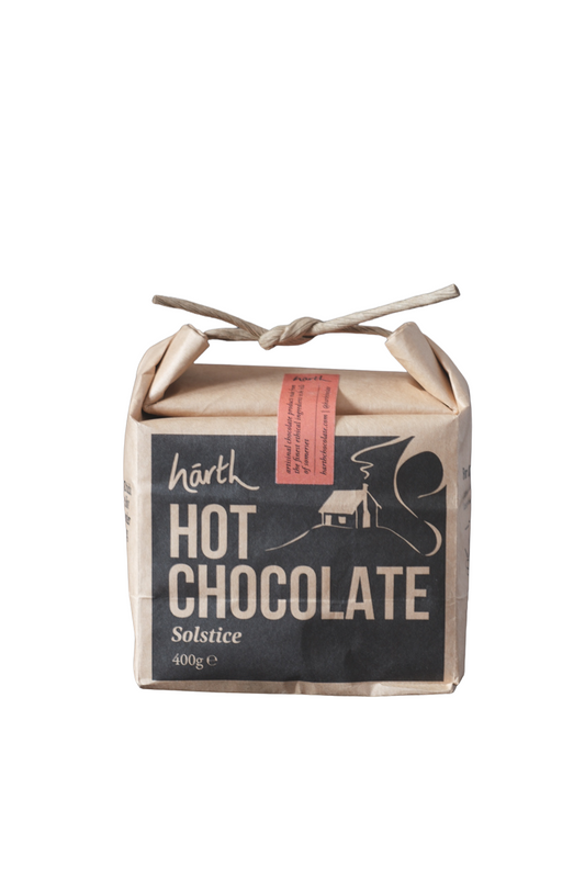 Hot chocolate package with a rustic design on a white background