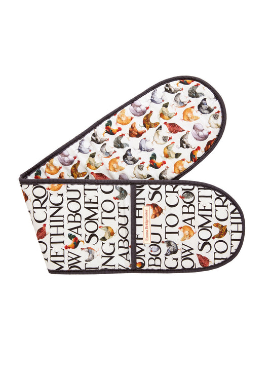 Hen Oven Gloves - Emma Bridgewater, illustrated with chickens and writing on it