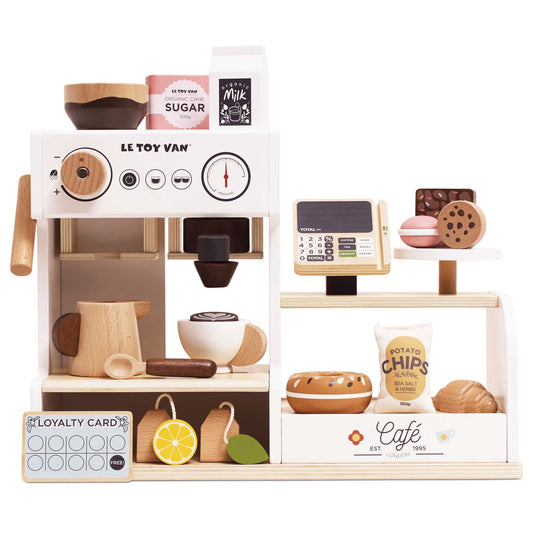 Le Toy Van Barista Café Shop, with cookies, coffee, accessories, loyalty card and your little one can be their own barista in their own Coffee Shop