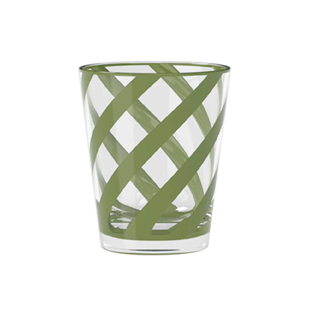 Clear glass tumbler with green woven pattern on a white background