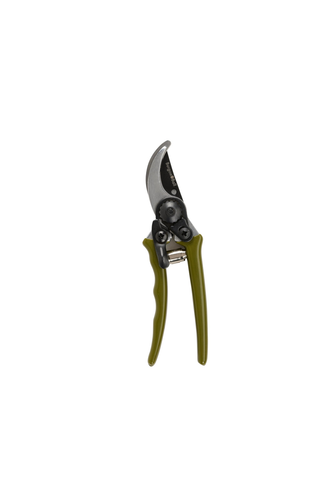 Gardening pruner with green handle on a white background