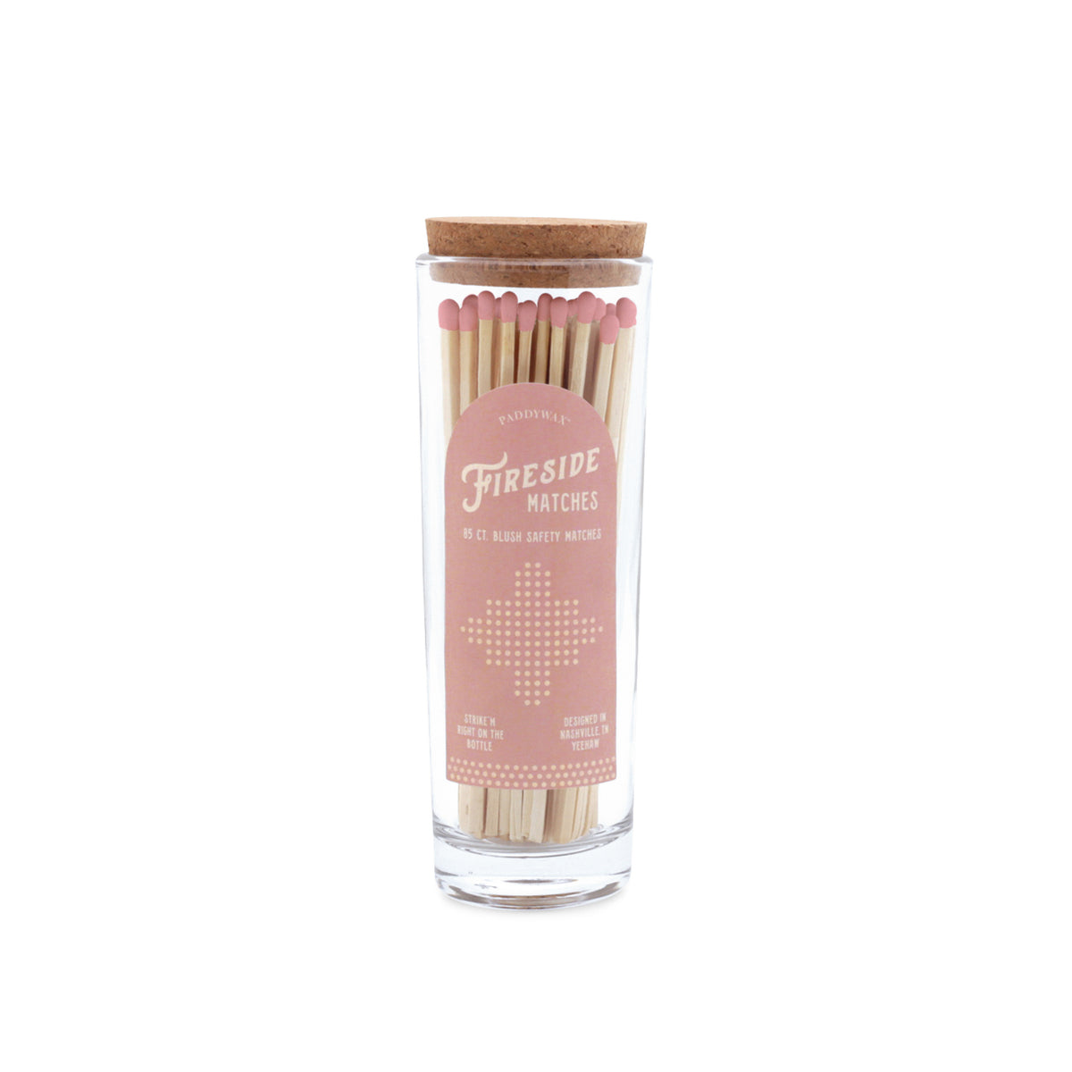 Jar of matches with pink matches and a clear label on a white background