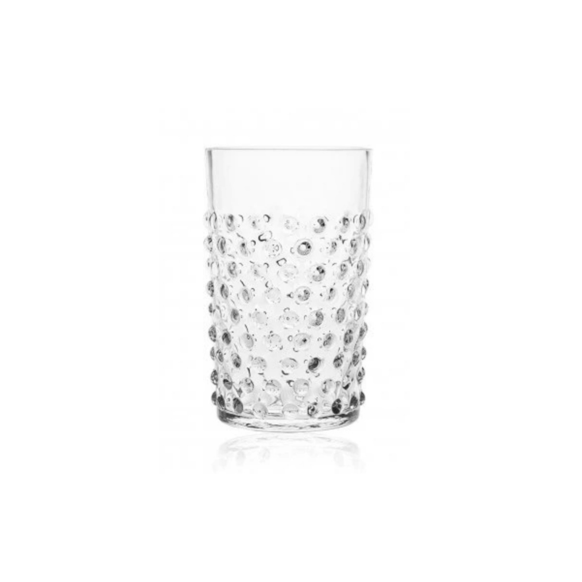 Clear hobnail glass with textured design on a white background