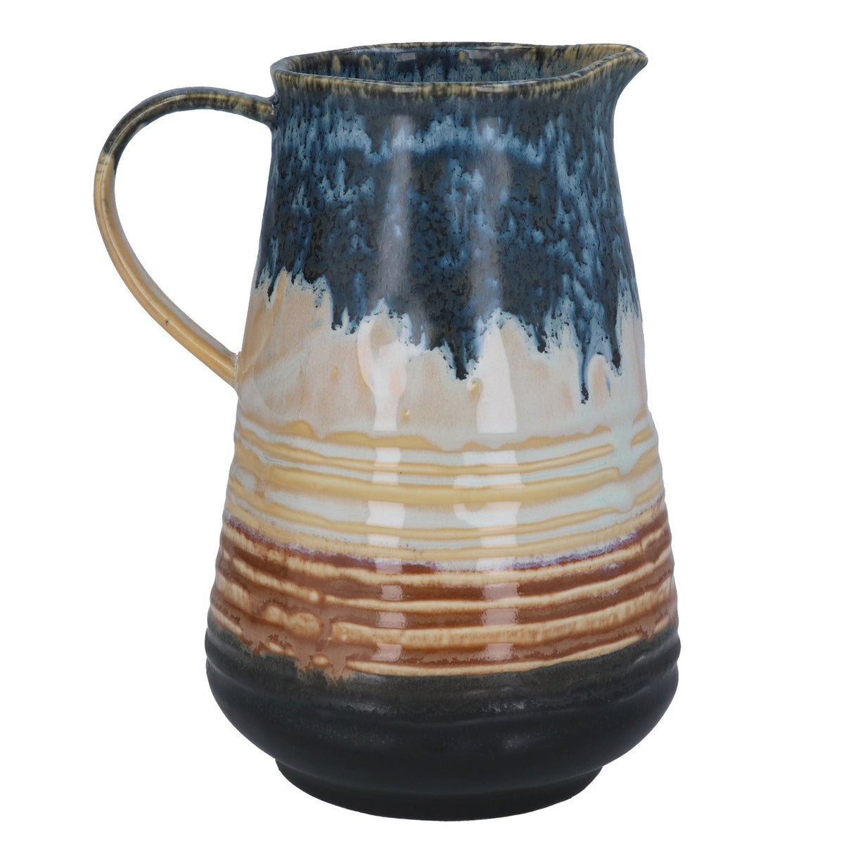 Ceramic pitcher with multicolored glaze on a white background