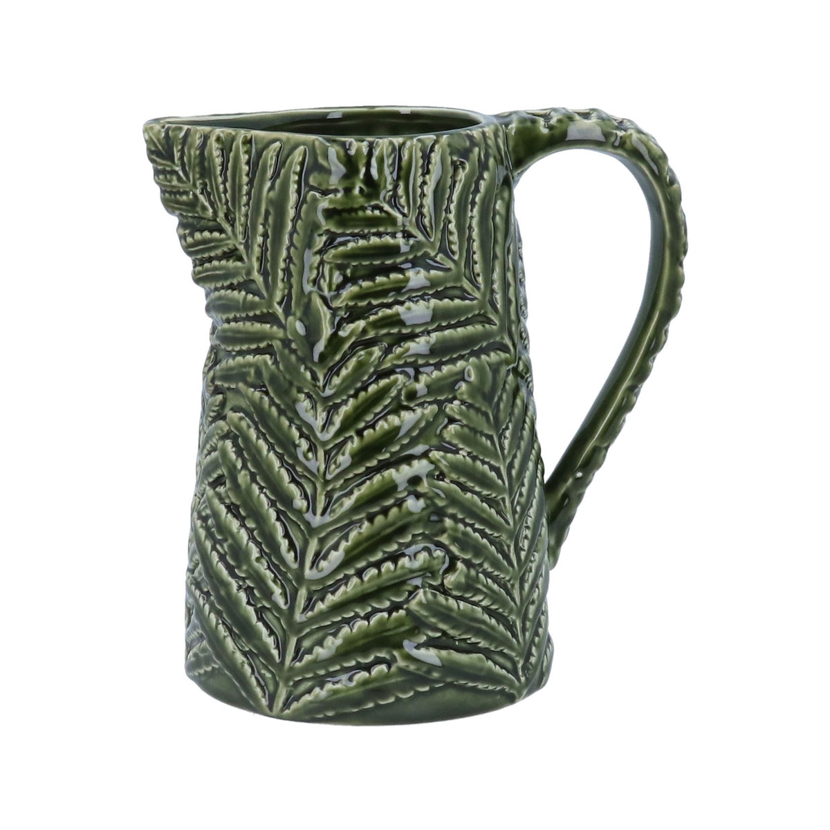 Green ceramic pitcher with leaf pattern on a white background