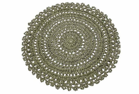 Walton & Co Olive Green round placemat with open woven pattern and scalloped edge