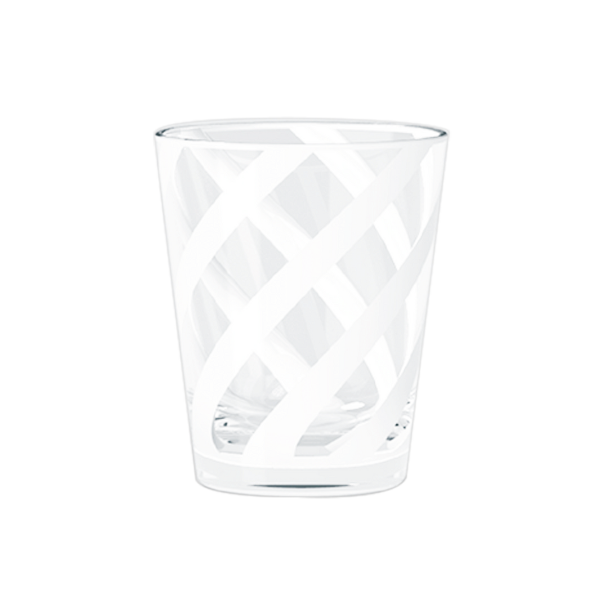 Clear glass tumbler with geometric pattern on a white background